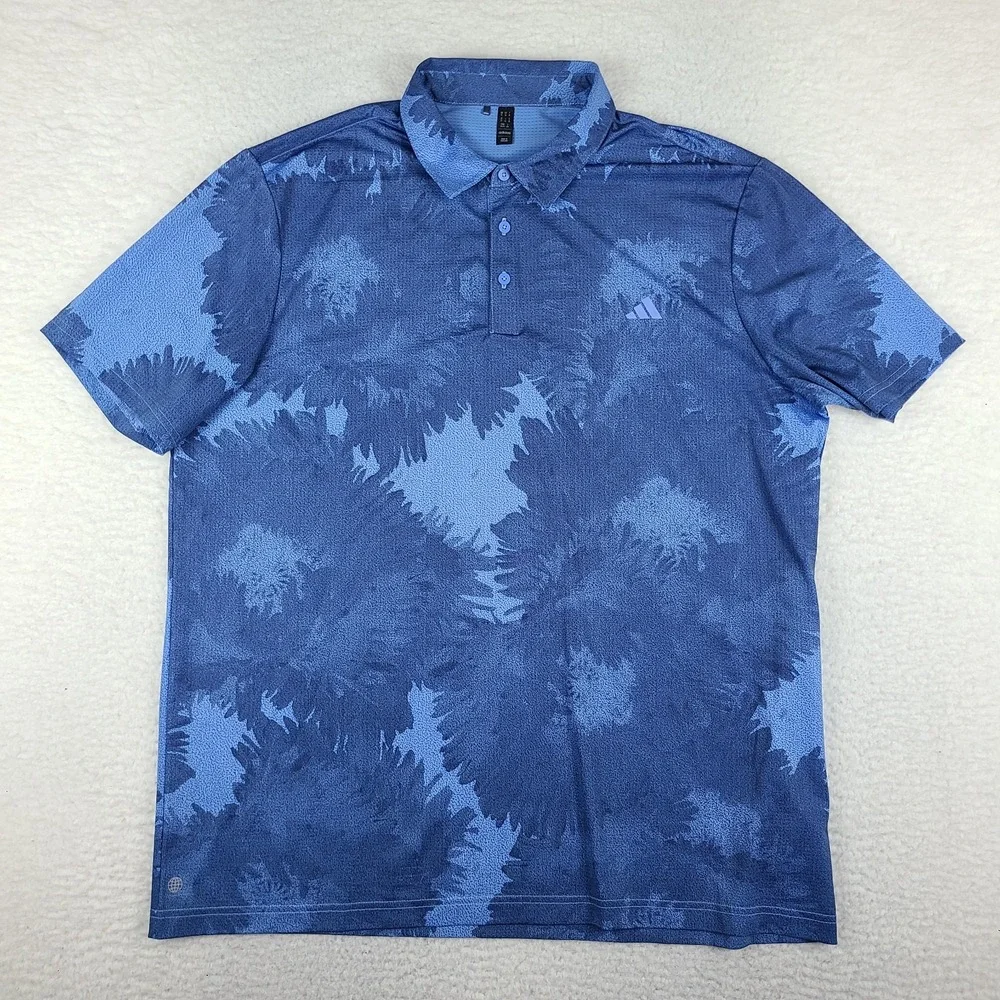 Adidas Polo Shirt Mens XL Blue Floral Breathable Performance Golf Short Sleeve